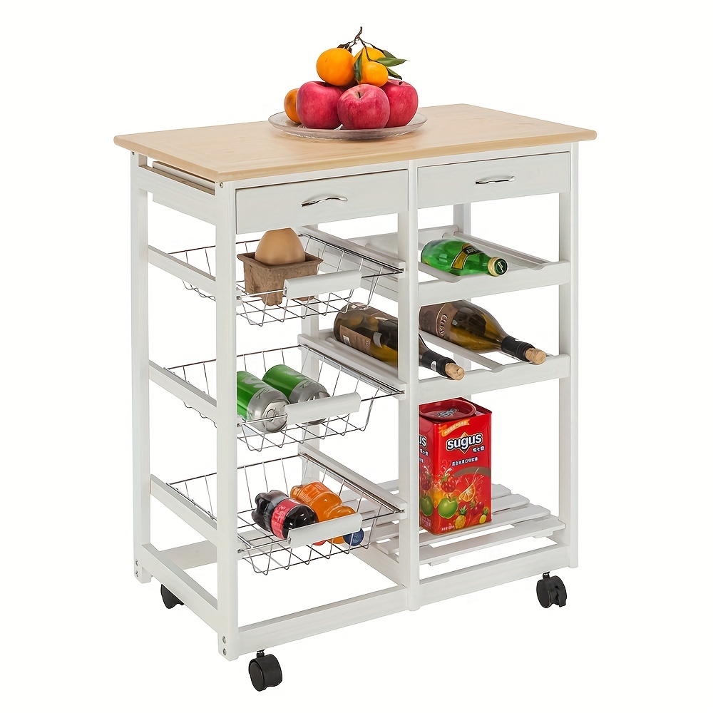 1pc, White Dining Cart, Moveable Kitchen Cart With Two Drawers & Two Wine Racks & Three Baskets White