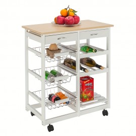 1pc, White Dining Cart, Moveable Kitchen Cart With Two Drawers & Two Wine Racks & Three Baskets White