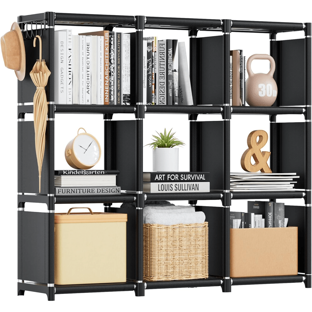 Book Shelf, 9 Cube Storage Organizer, DIY Bookcase, Metal Cube Bookshelf, Tall Book case for Bedroom, Living Room, Office, Closet Storage Organizer, Black Cubicle Storage Rack