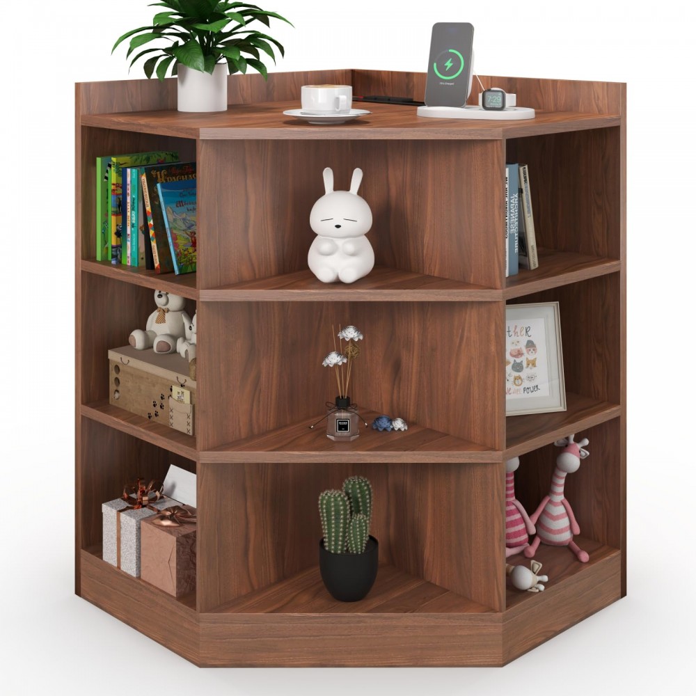 Corner Cabinet, 9-Cubby Corner Bookshelf Bookcase, Corner Cabinet Storage with Charging Station