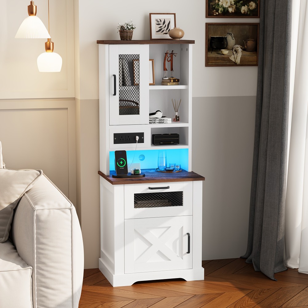 Farmhouse Storage Cabinet With Charging Station And LED Lights, 5-level Open Space, Living Room, Bedroom, Study, White