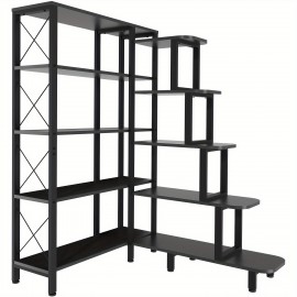 Corner Bookshelf Bookcase, Large Reversible 5 Tier Ladder Shelves Storage Display Rack With Metal Frame, Industrial Home Office Furniture For Living Room Bedroom, Black Christmas Halloween Gift