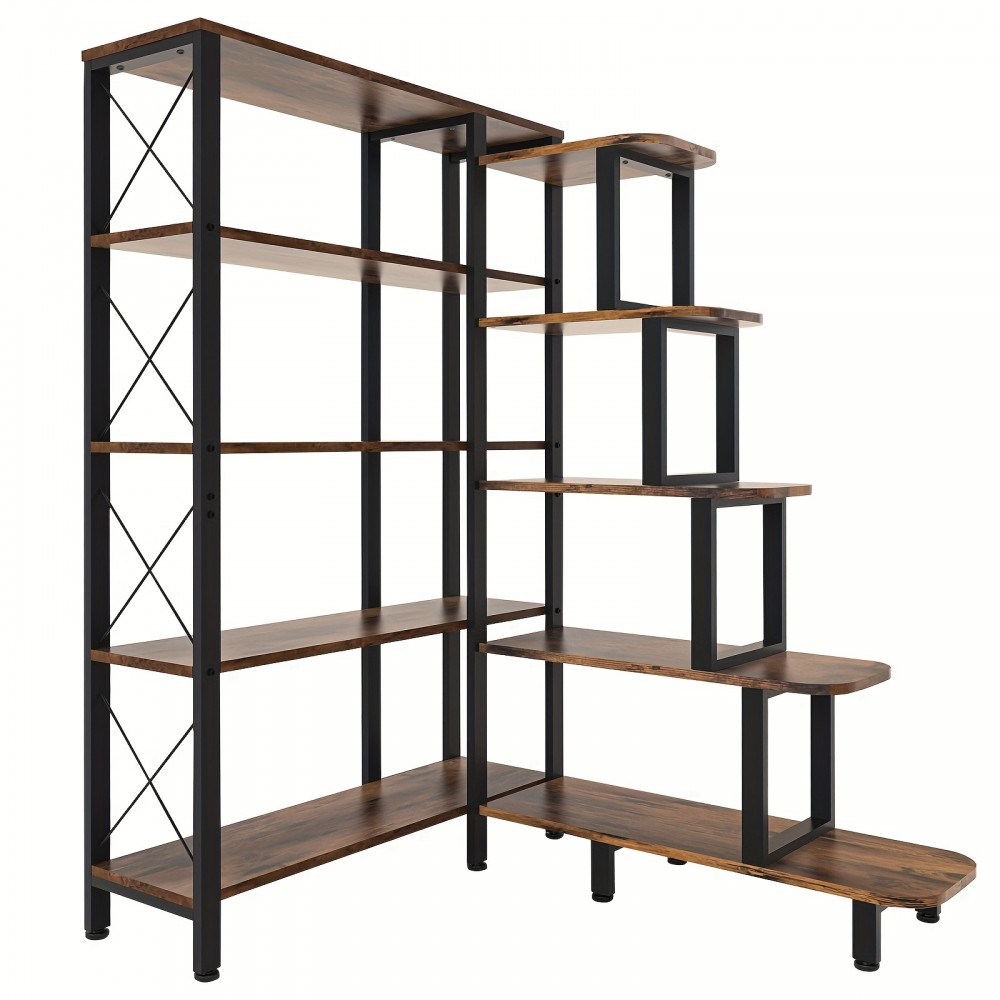 Large Corner Bookshelf Bookcase, Industrial Reversible 5 Tier Ladder Shelves Storage Display Rack with Metal Frame, Modern Home Office Furniture for Living Room Bedroom, Halloween gift, Christmas gift