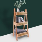 Ladder Bookshelf, 3-Tier Rattan Bookshelf, Free Standing Bookcase, Blanket Ladder, Wood Organizer Storage Shelves for Living Room Bedroom Kitchen Bathroom Balcony and Home Office