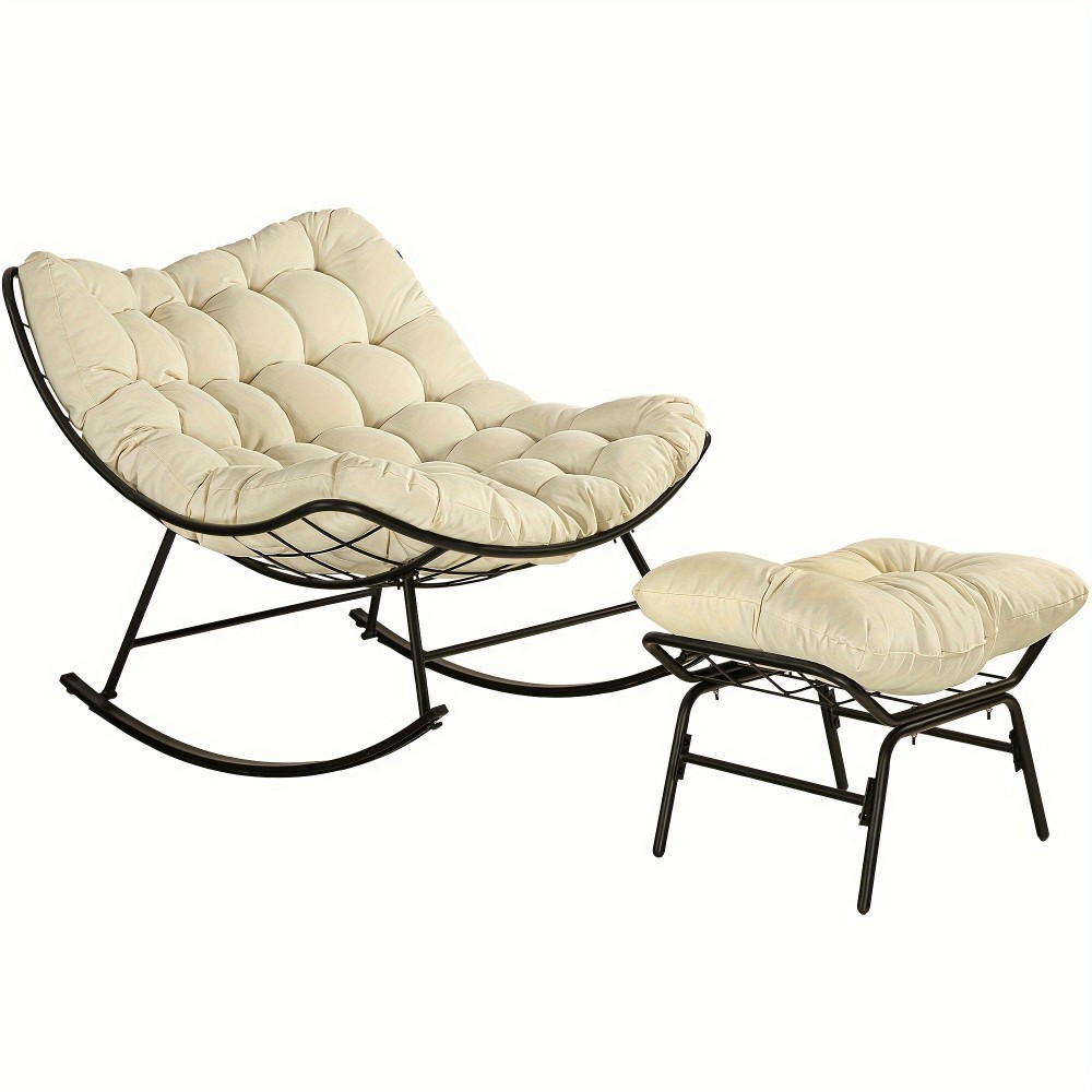 Patio Rocking Papasan Chair, Outdoor & Indoor Egg Reading Recliner Chair, Oversized Royal Comfy Lounge Rocker With Large Cushion And Ottoman For Bedroom, Living Room, Porch, White And Gray