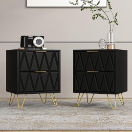 Black Nightstand Set of 2, Modern End Side Table Bedside Table with 2 Drawers, Night Stand with Gold Legs for Living Room,Bedroom