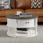 Round Coffee Table With Storage, Farmhouse Coffee Table With Sliding Cabinet Door, Coffee Table For Living Room, 2-Tier Small Center Table