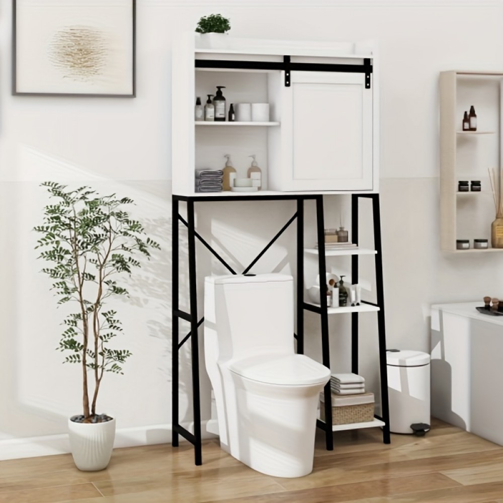 AutoZone Over The Toilet Storage Cabinet, Bathroom Shelves Over Toilet above Toilet Storage with Side Storage Rack, Tissue Reel and Hooks Over The Toilet Organizer for Bathroom, Laundry, White