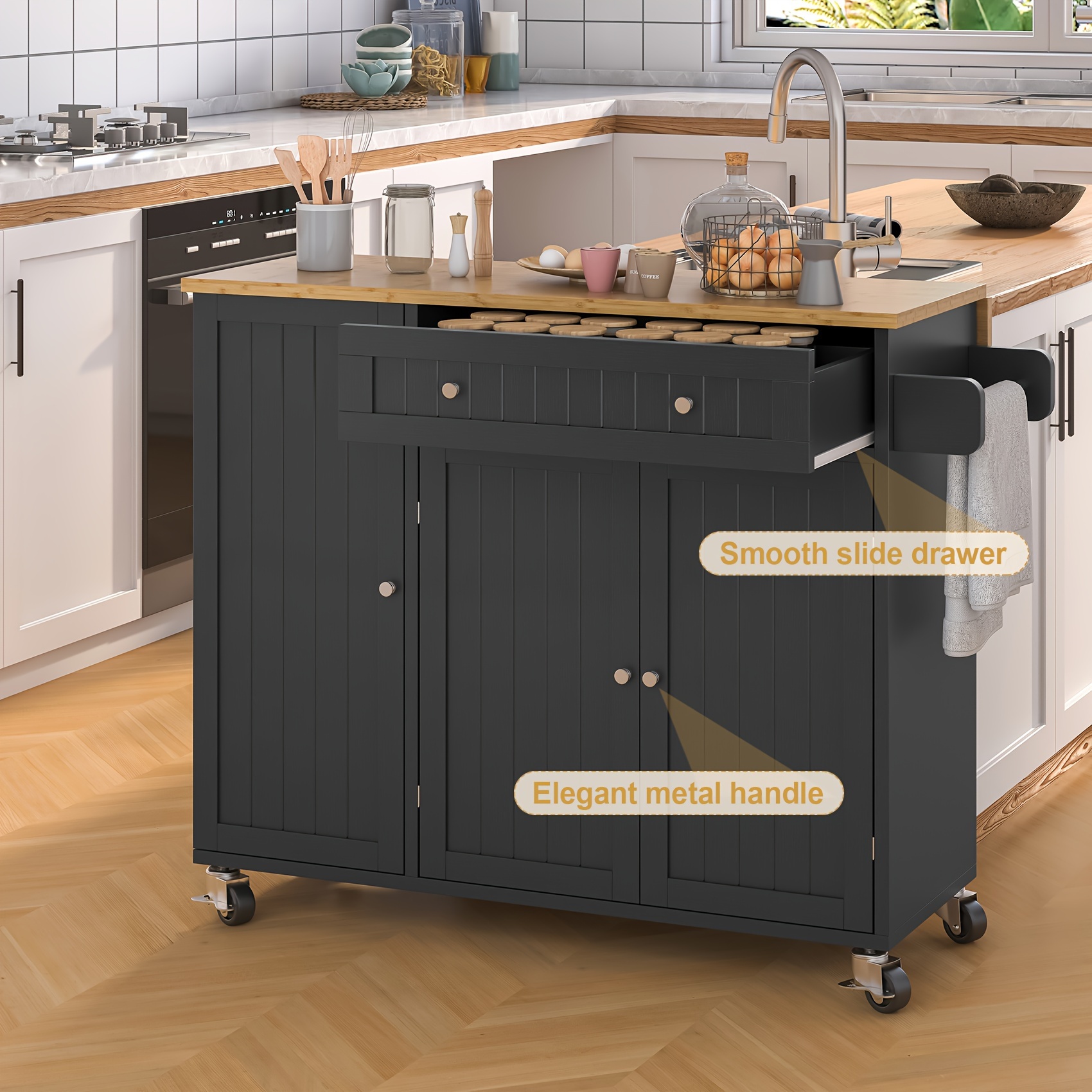 ruuboo kitchen island with drop leaf island table on wheels with storage cabinet modern sideboard buffet with doors spice rack drawer towel rack rolling kitchen island cart for dinning room black details 0