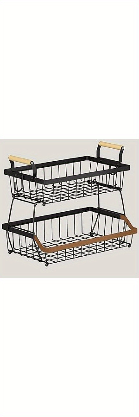 3 tier fruit basket bowl farmhouse with side hooks for kitchen countertop detachable metal   vegetable storage basket stand holder with wooden handle black details 4