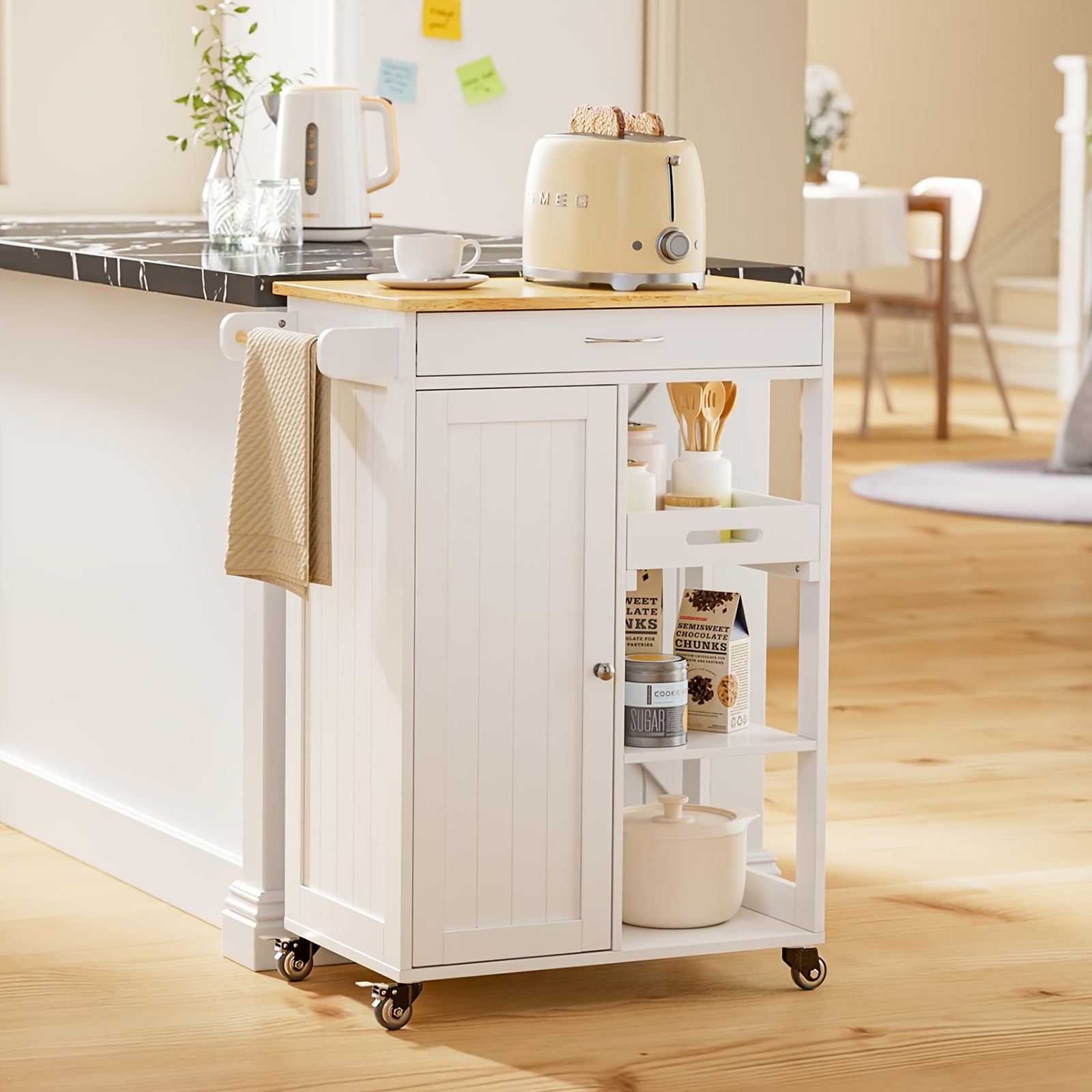 kitchen island with single door cabinet and 3 open storage shelves rolling utility kitchen cart with drawer cabinet towel rack hooks mobile storage cart for dining room bar white details 1