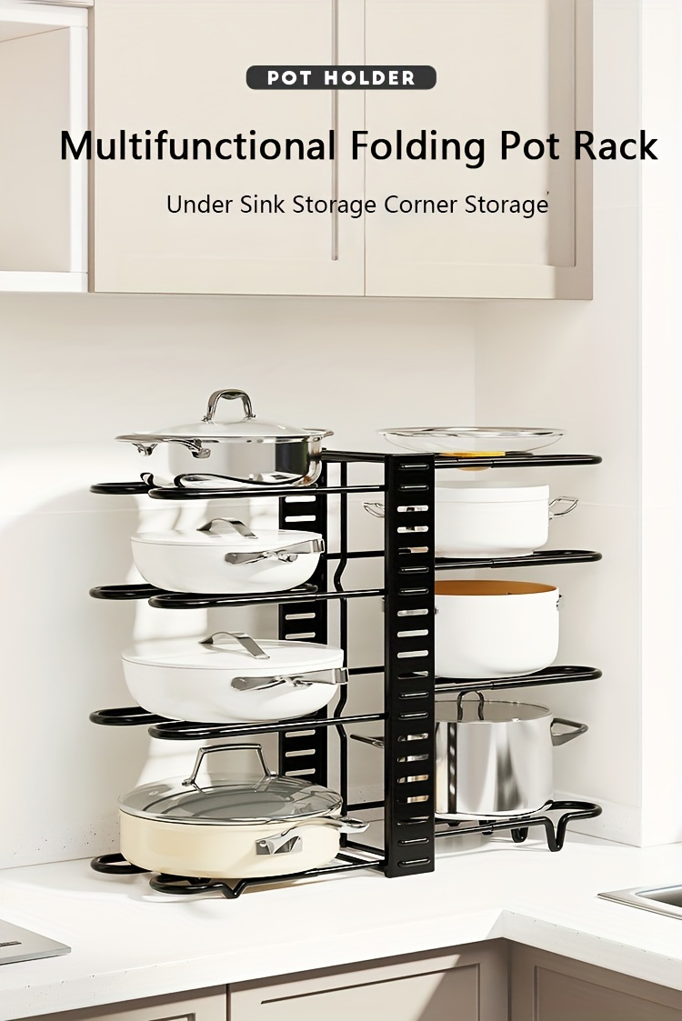 pot storage rack with 8 layers of pots bowls and pans storage box kitchen cabinet storage metal rack kitchen pot and bowl organizer with 4 hooks adjustable pot organizer for cabinets pot rack organizer and storage cabinet under sink black details 0