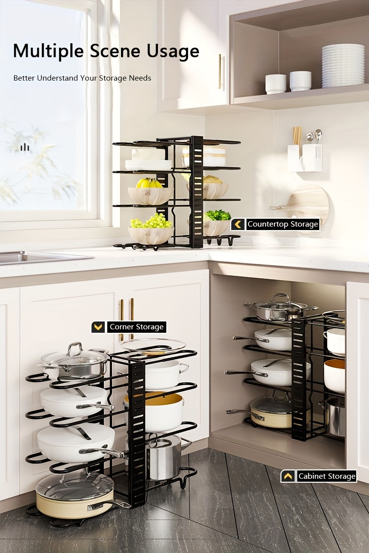 pot storage rack with 8 layers of pots bowls and pans storage box kitchen cabinet storage metal rack kitchen pot and bowl organizer with 4 hooks adjustable pot organizer for cabinets pot rack organizer and storage cabinet under sink black details 2