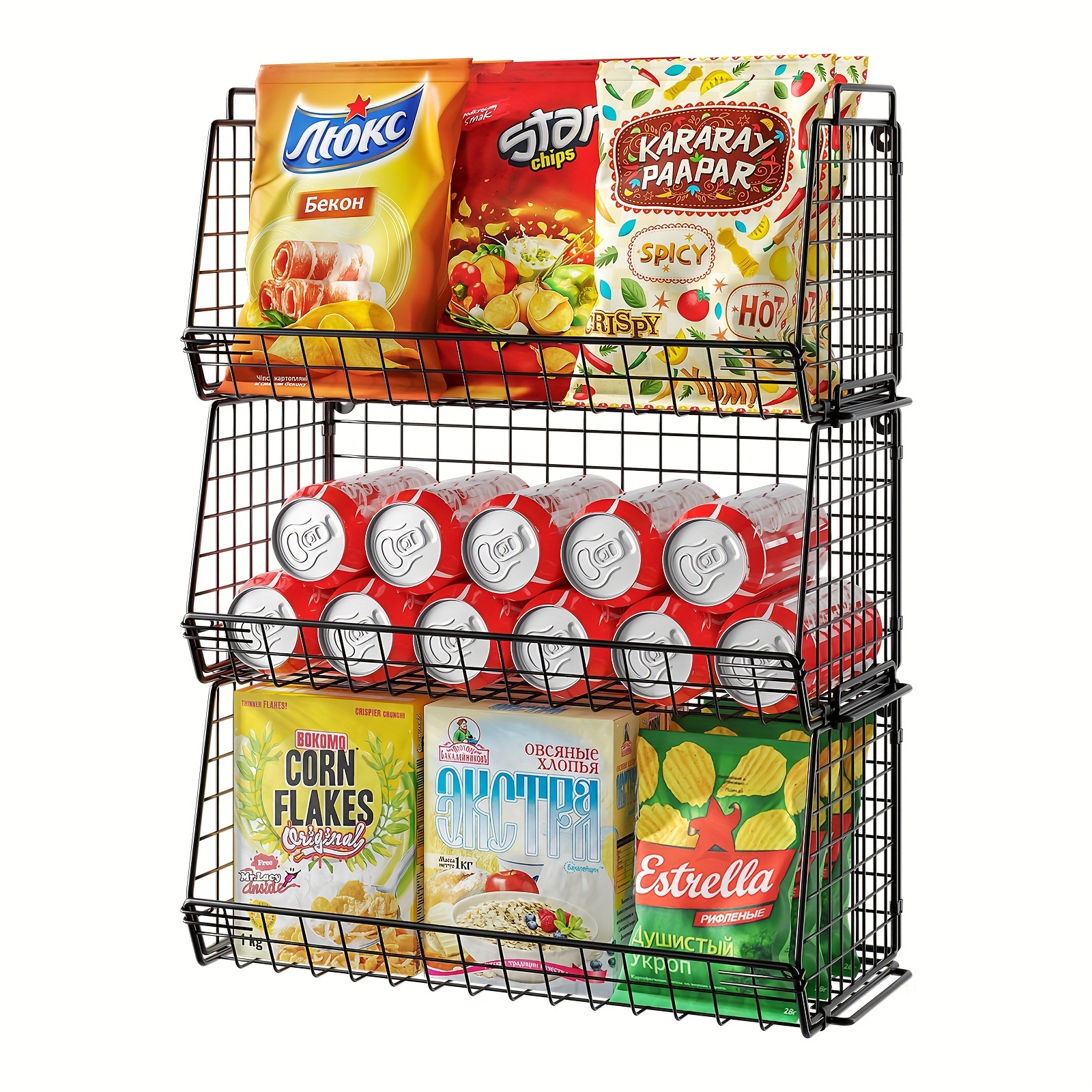 1pc 3 tier stackable snack organizer wall mount hanging pantry household food storage basket with handles foldable snack rack stand for countertop cabinets kitchen details 1