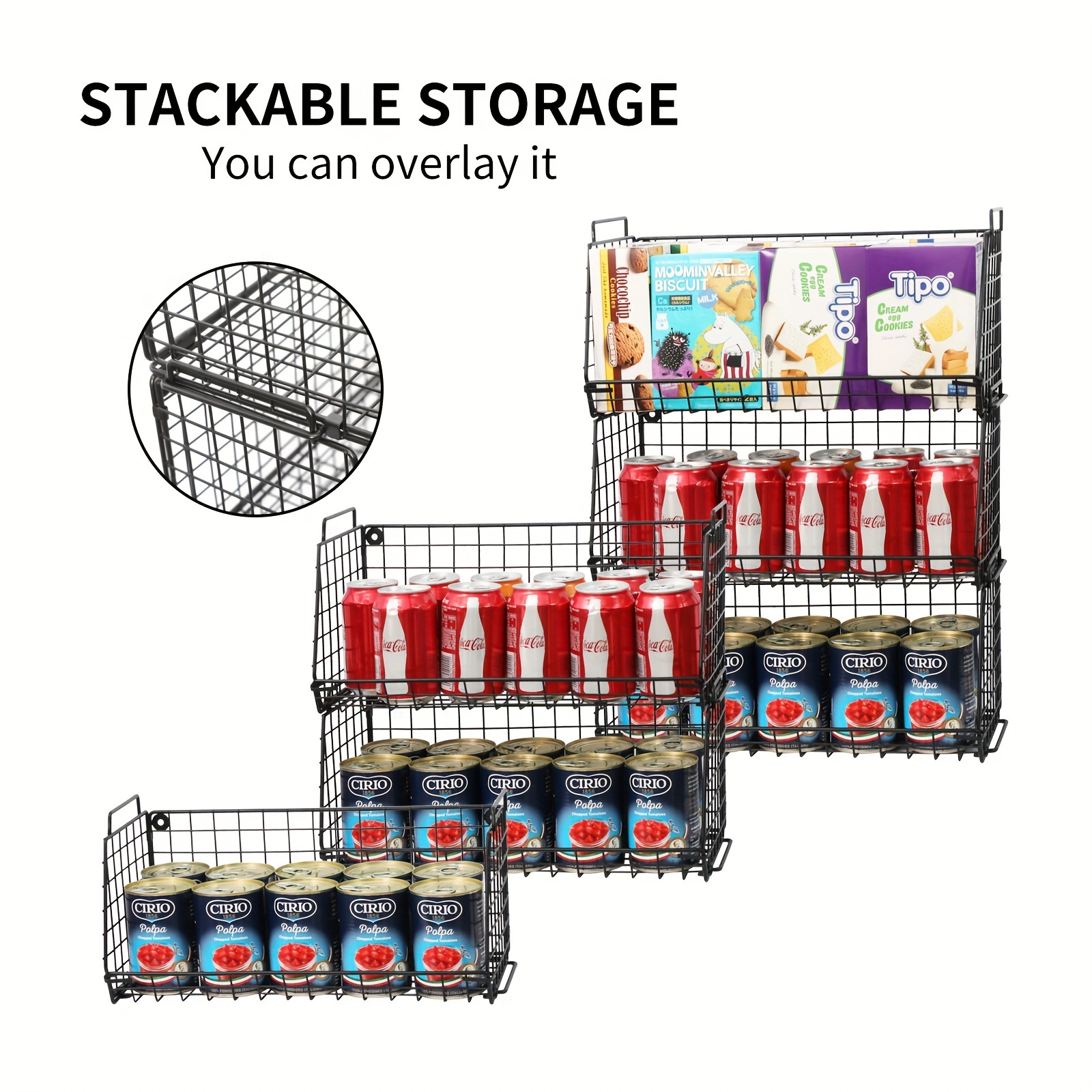 1pc 3 tier stackable snack organizer wall mount hanging pantry household food storage basket with handles foldable snack rack stand for countertop cabinets kitchen details 5