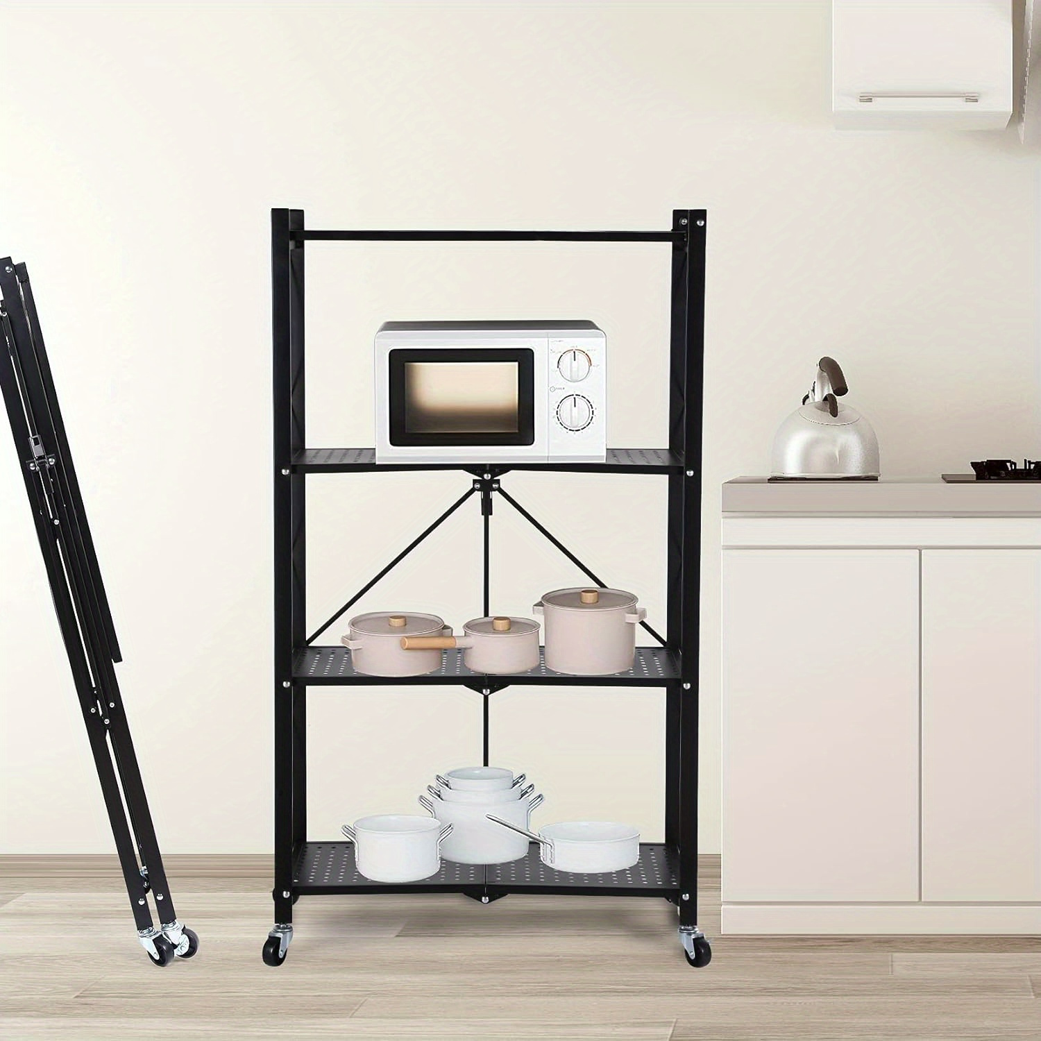   4 tier storage shelving unit w hooks and wheels 27 95 x14 96 x49 61 standing foldable storage rack metal kitchen garage no assemble require black details 0