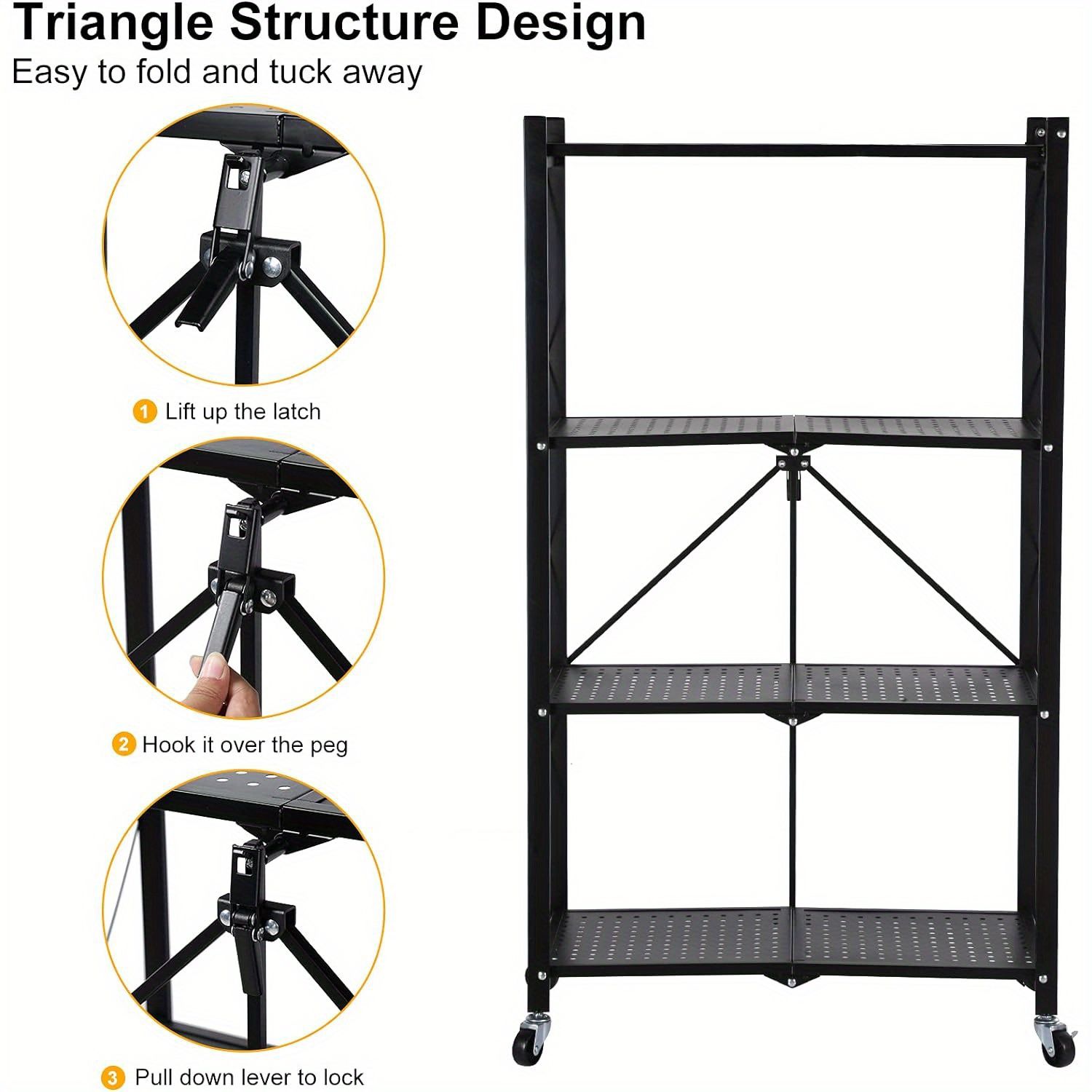   4 tier storage shelving unit w hooks and wheels 27 95 x14 96 x49 61 standing foldable storage rack metal kitchen garage no assemble require black details 1