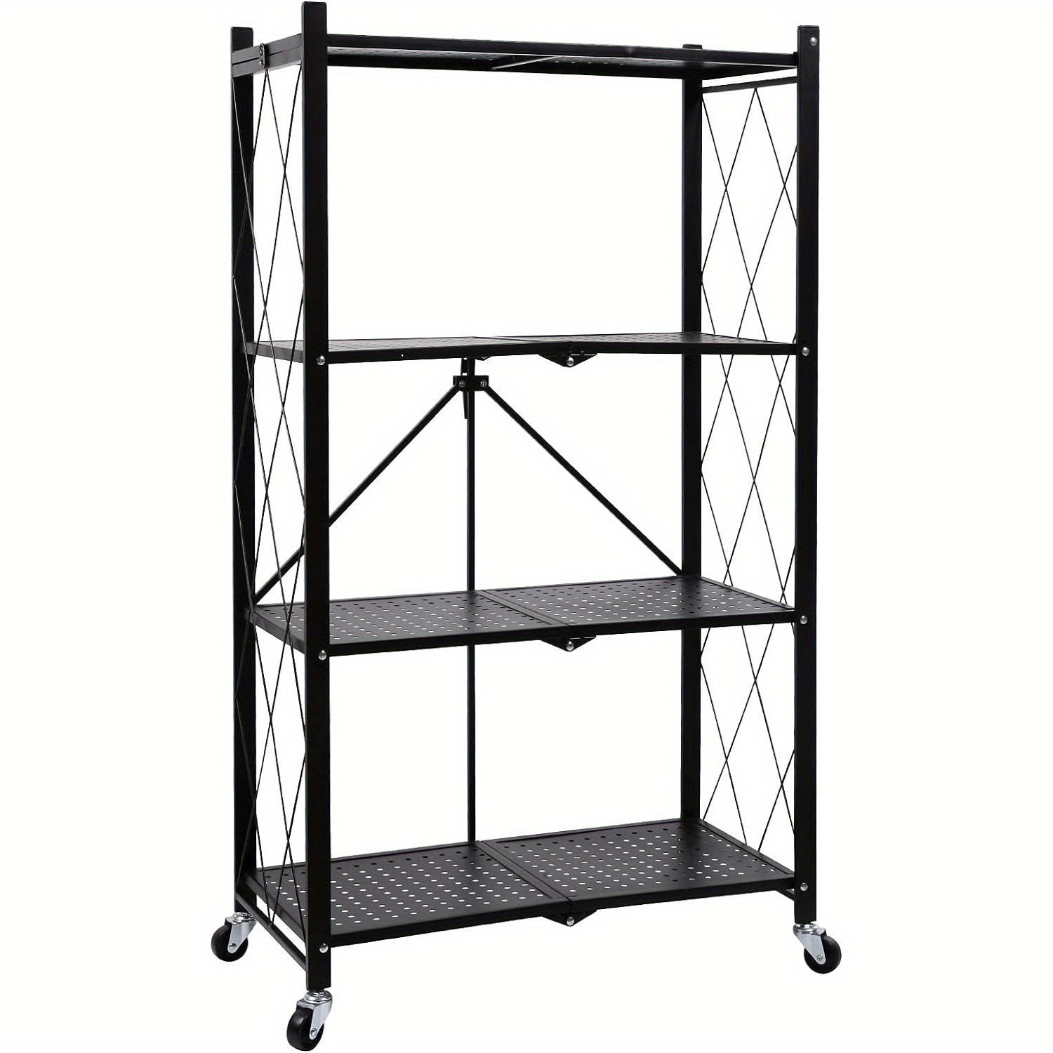   4 tier storage shelving unit w hooks and wheels 27 95 x14 96 x49 61 standing foldable storage rack metal kitchen garage no assemble require black details 4