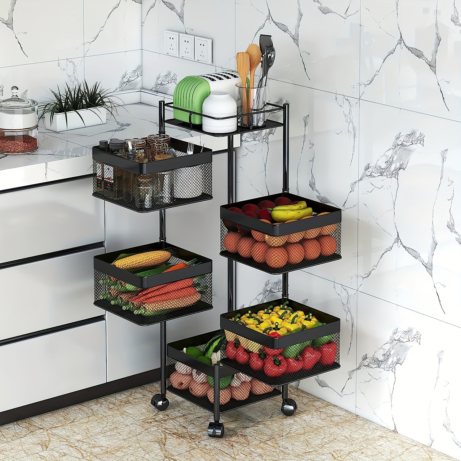 rotating storage shelf with wheels organizer for fruits and vegetables bathroom shelf kitchen organization and storage mobile utility cart for living room ideal for home 5 tier black details 2