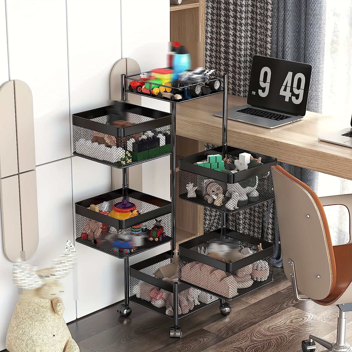 rotating storage shelf with wheels organizer for fruits and vegetables bathroom shelf kitchen organization and storage mobile utility cart for living room ideal for home 5 tier black details 4