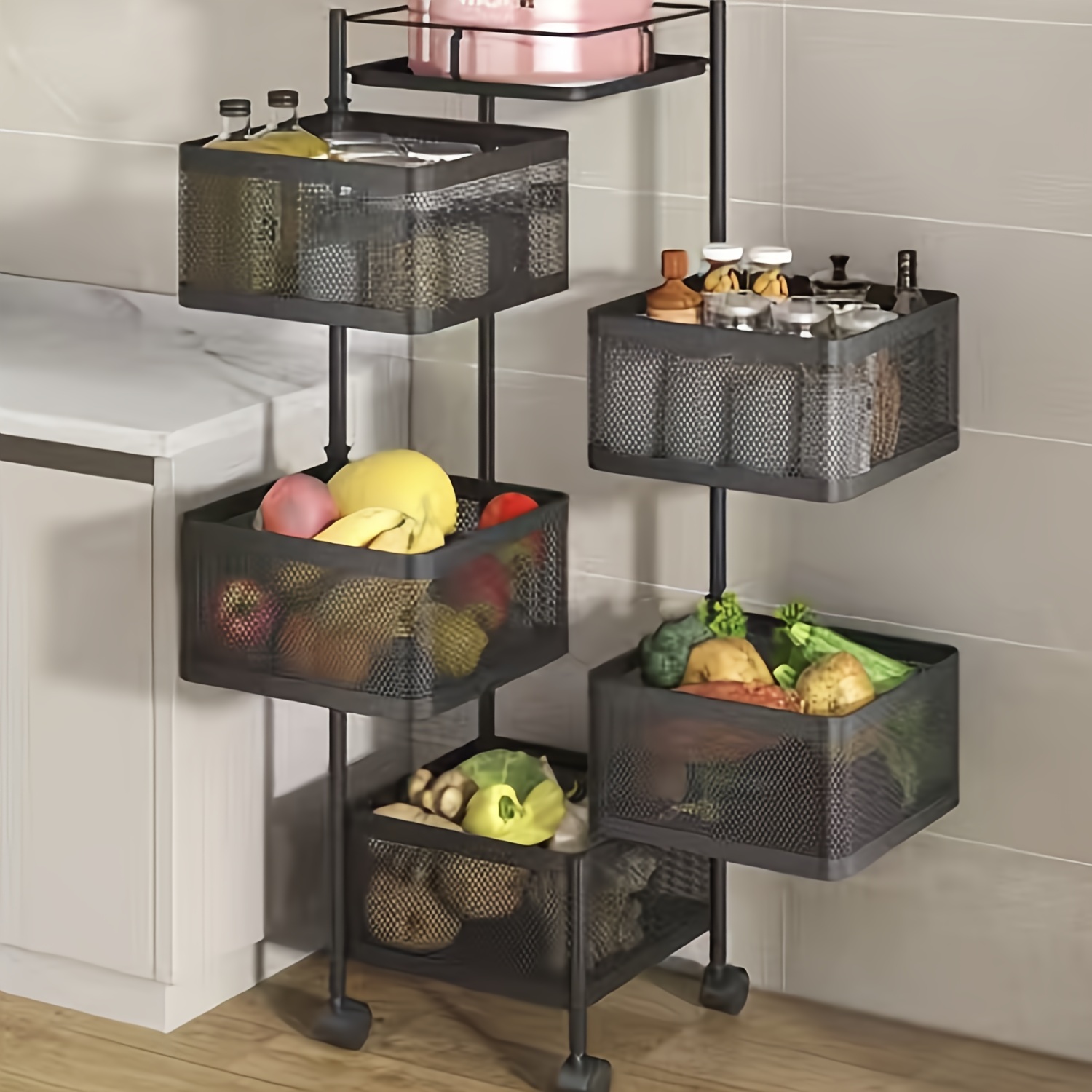 rotating storage shelf with wheels organizer for fruits and vegetables bathroom shelf kitchen organization and storage mobile utility cart for living room ideal for home 5 tier black details 6