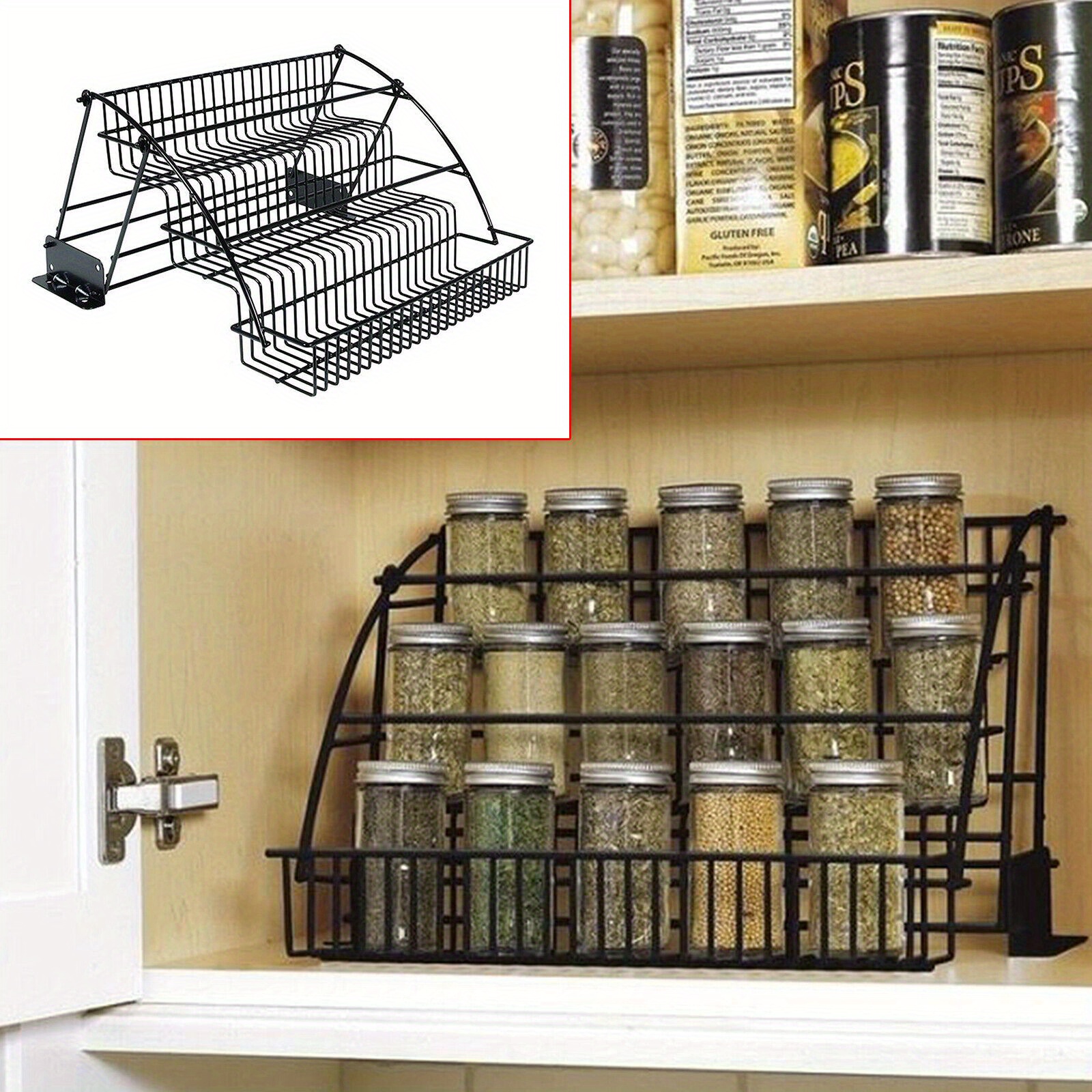 37 27 20cm 3 tier pull down cabinet spice rack organizer free standing metal storage shelf for kitchen easy clean details 0