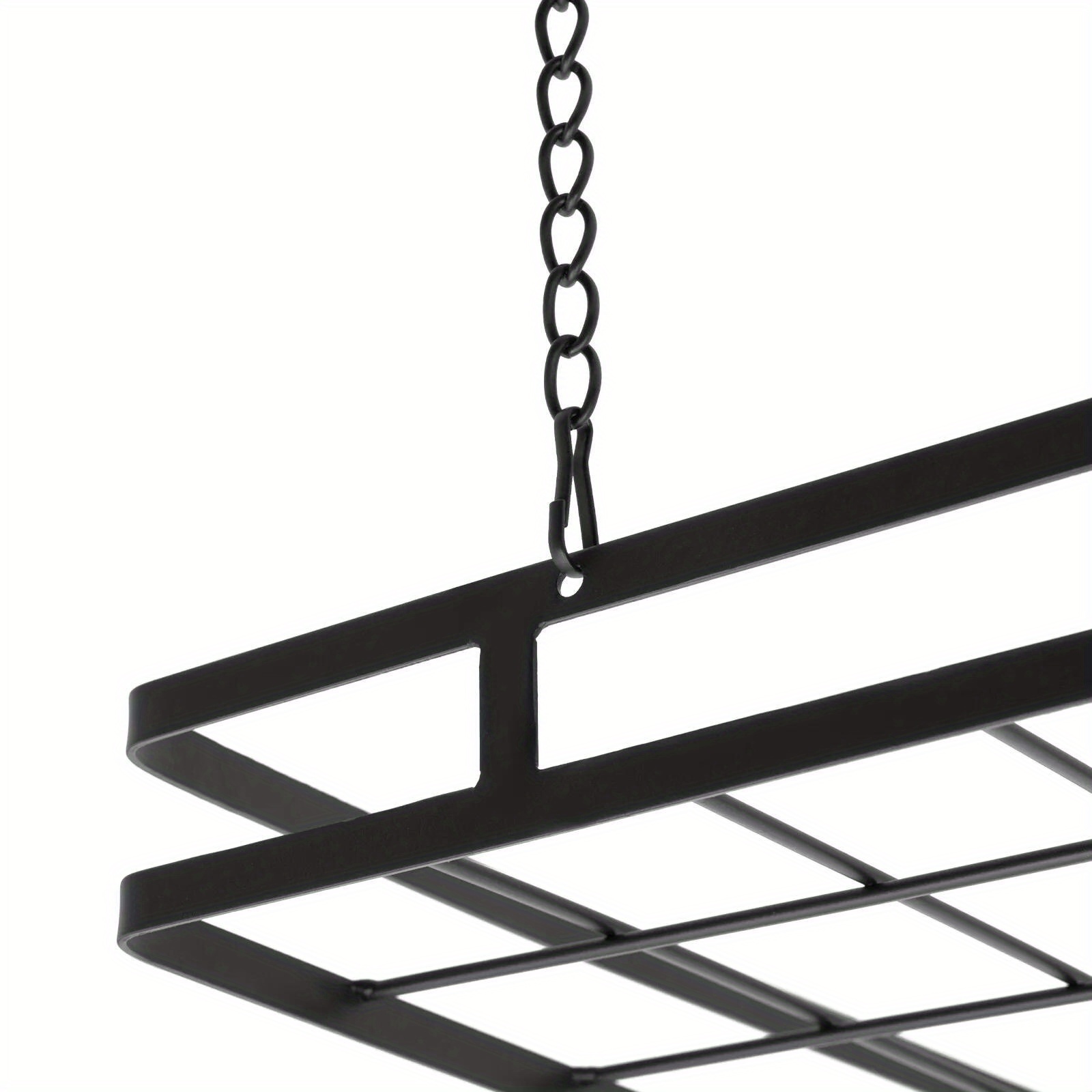 a contemporary kitchen ceiling rack with 12 hooks for hanging pots and pans finished in black designed for modern storage solutions details 1