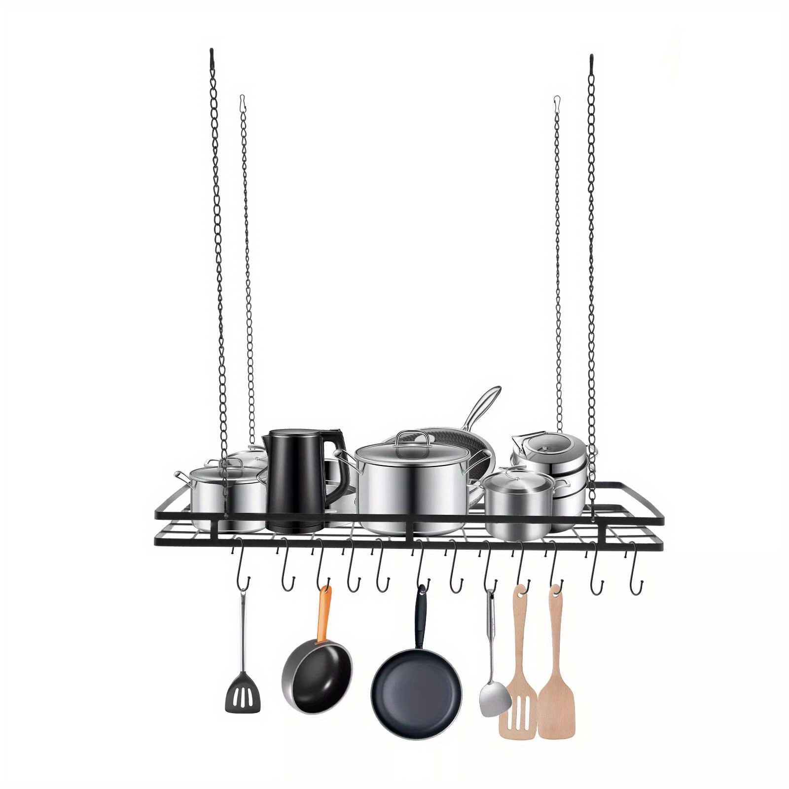 a contemporary kitchen ceiling rack with 12 hooks for hanging pots and pans finished in black designed for modern storage solutions details 2