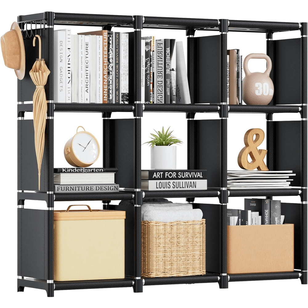 book shelf 9 cube storage organizer diy bookcase metal cube bookshelf tall book case for bedroom living room office closet storage organizer black cubicle storage rack details 3