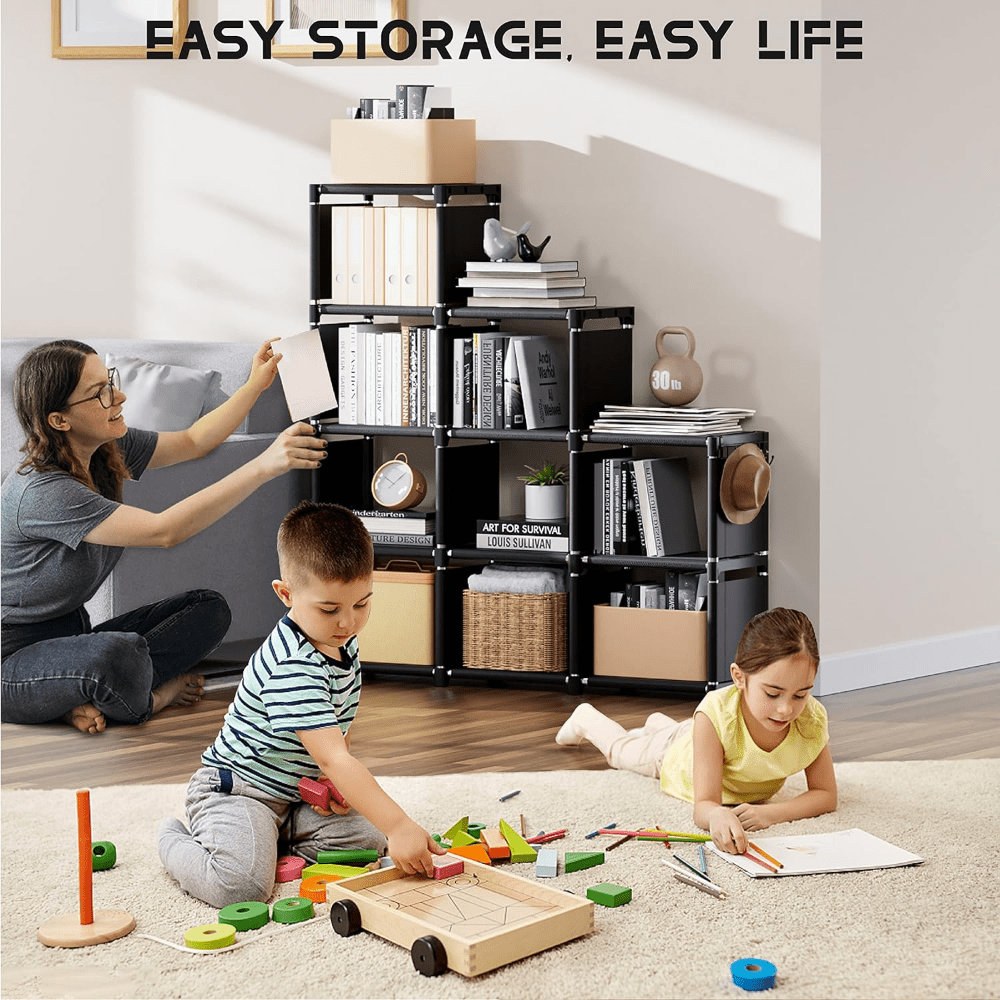 book shelf 9 cube storage organizer diy bookcase metal cube bookshelf tall book case for bedroom living room office closet storage organizer black cubicle storage rack details 6