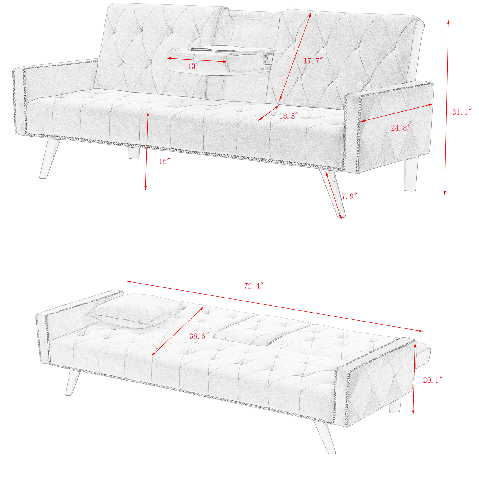 super comfortable velvet sofa bed nail head   arms with two cup holders 72 inch   sofa for small spaces details 3