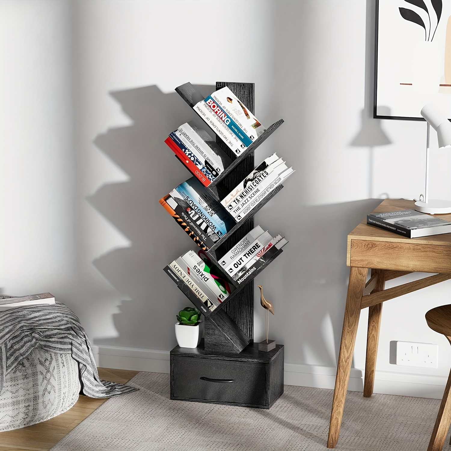 6 tier tree bookshelf with drawer   shelf storage rack floor standing bookcase for cds movies books multifunctional organizer shelves for home office living room bedroom details 1