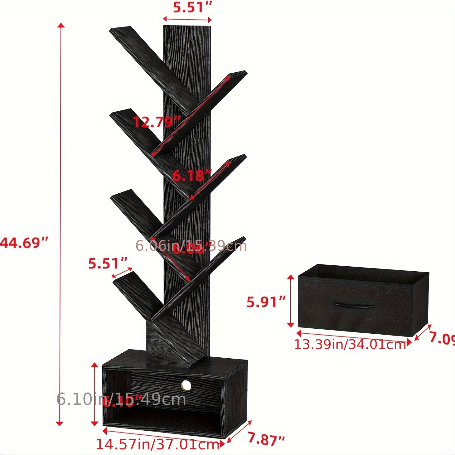 6 tier tree bookshelf with drawer   shelf storage rack floor standing bookcase for cds movies books multifunctional organizer shelves for home office living room bedroom details 3