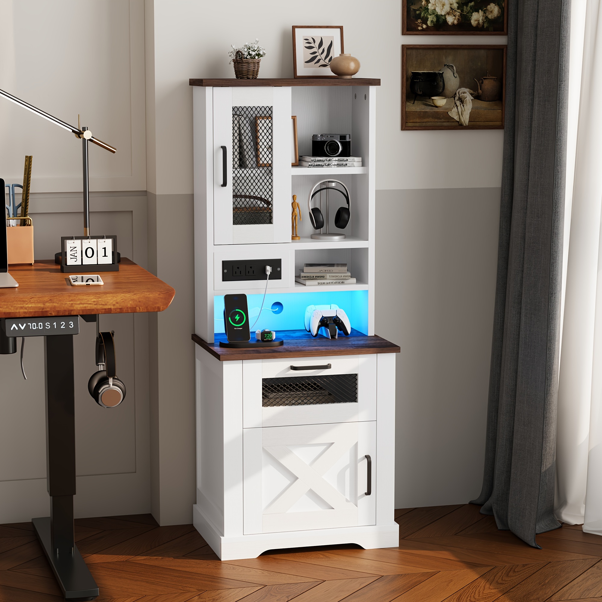 farmhouse storage cabinet with charging station and led lights 5 level open   room bedroom study white details 0