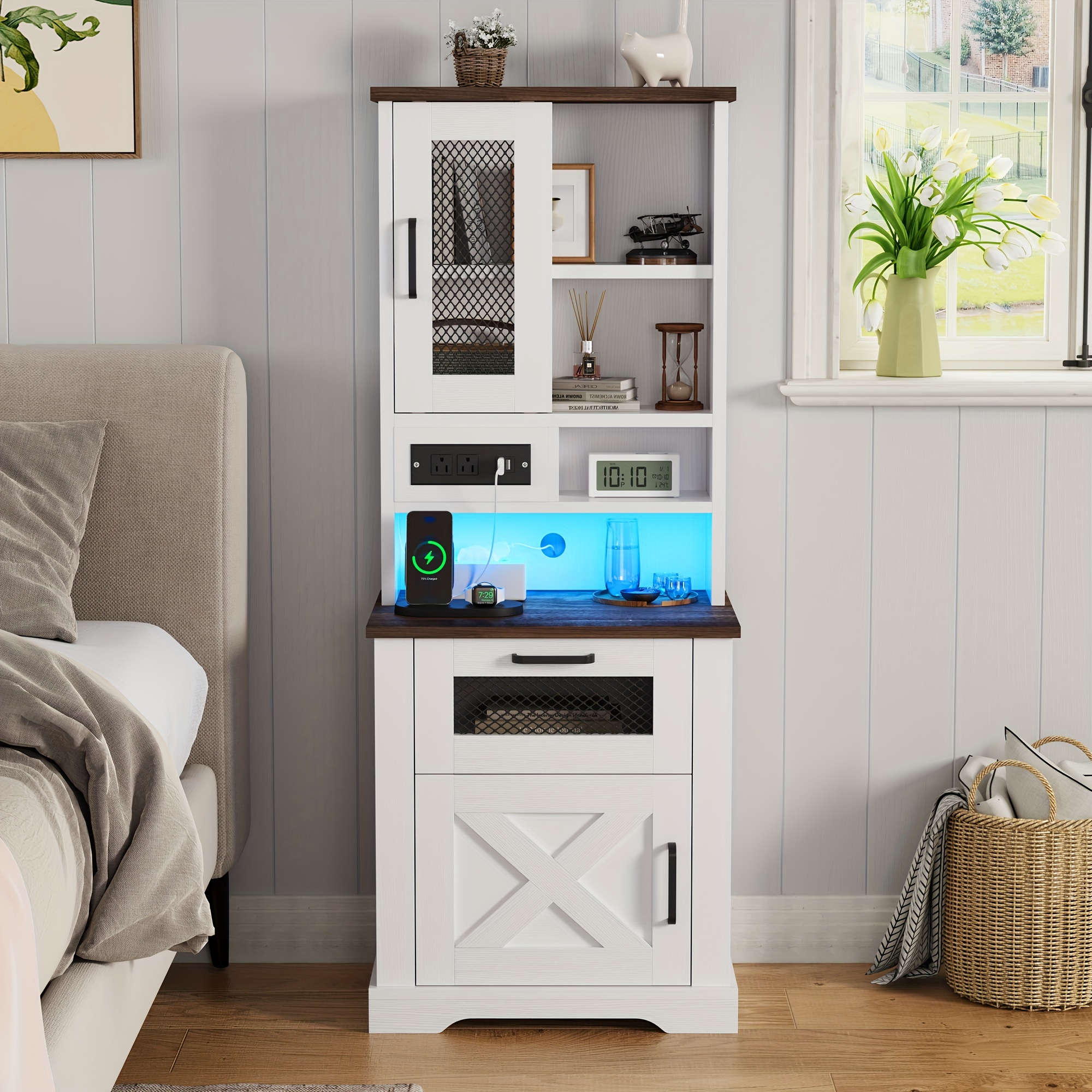 farmhouse storage cabinet with charging station and led lights 5 level open   room bedroom study white details 1