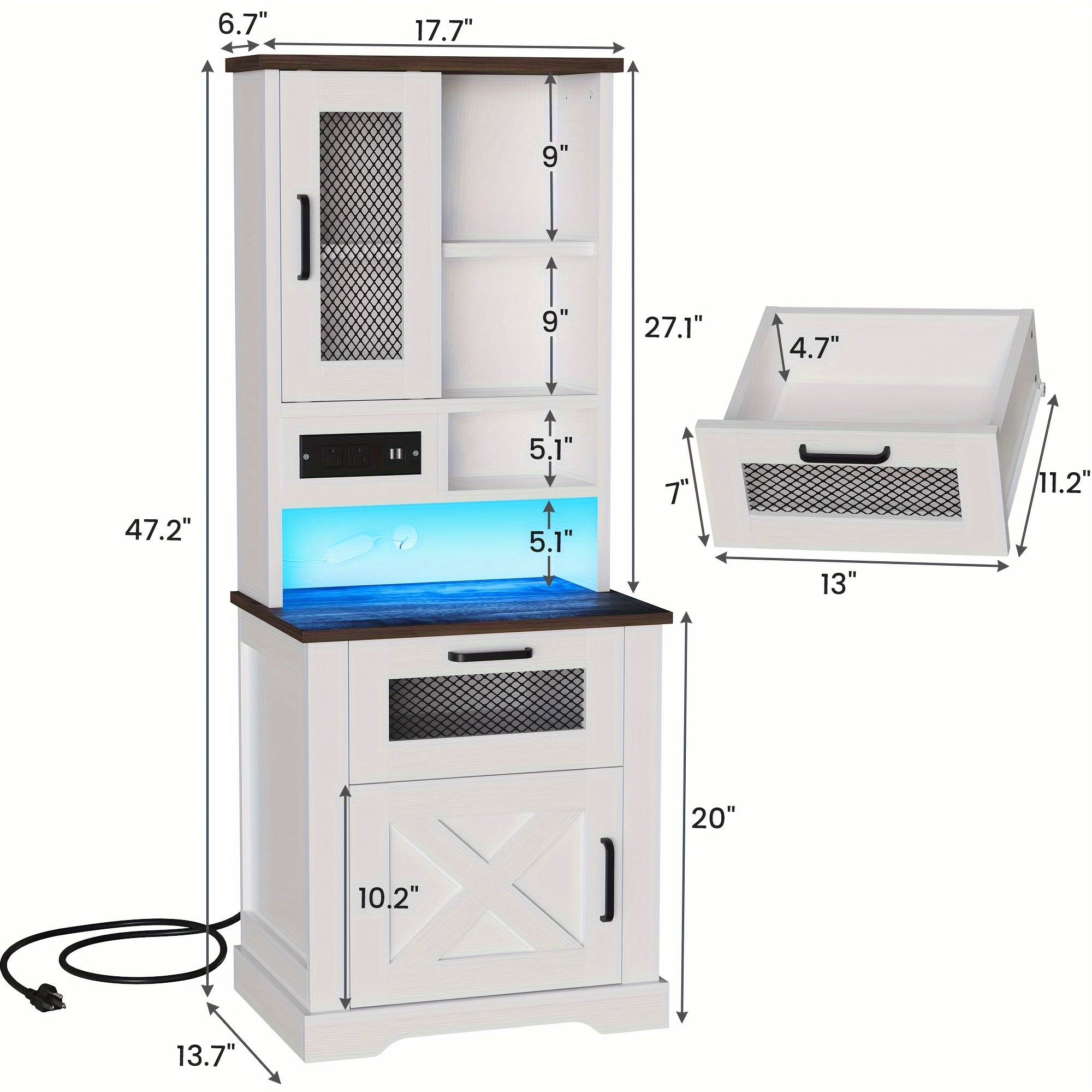 farmhouse storage cabinet with charging station and led lights 5 level open   room bedroom study white details 2