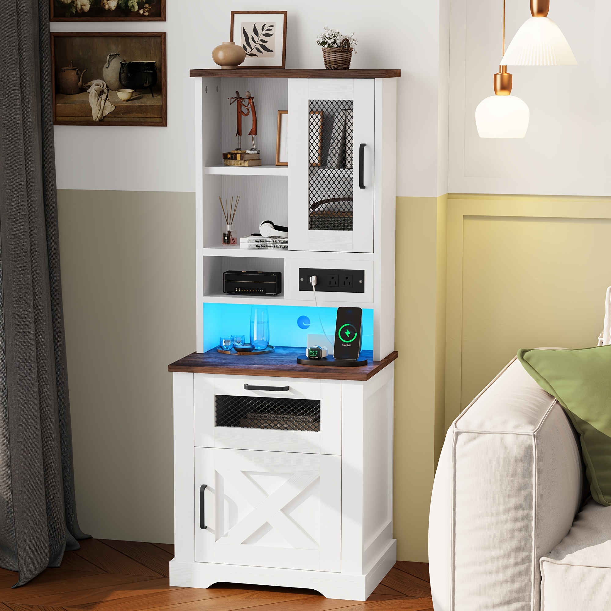 farmhouse storage cabinet with charging station and led lights 5 level open   room bedroom study white details 9