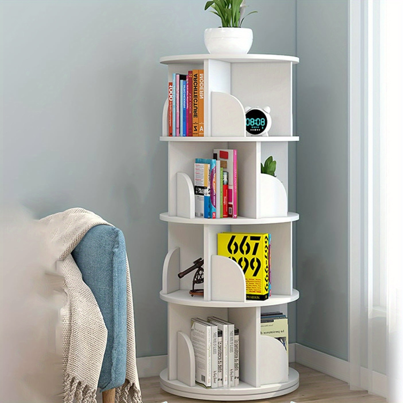 360 degree rotating bookshelf 4 tier floor standing bookcase tall book storage rack for cds movies books corner bookshelf   organizer shelves for bedroom living room home office white details 0