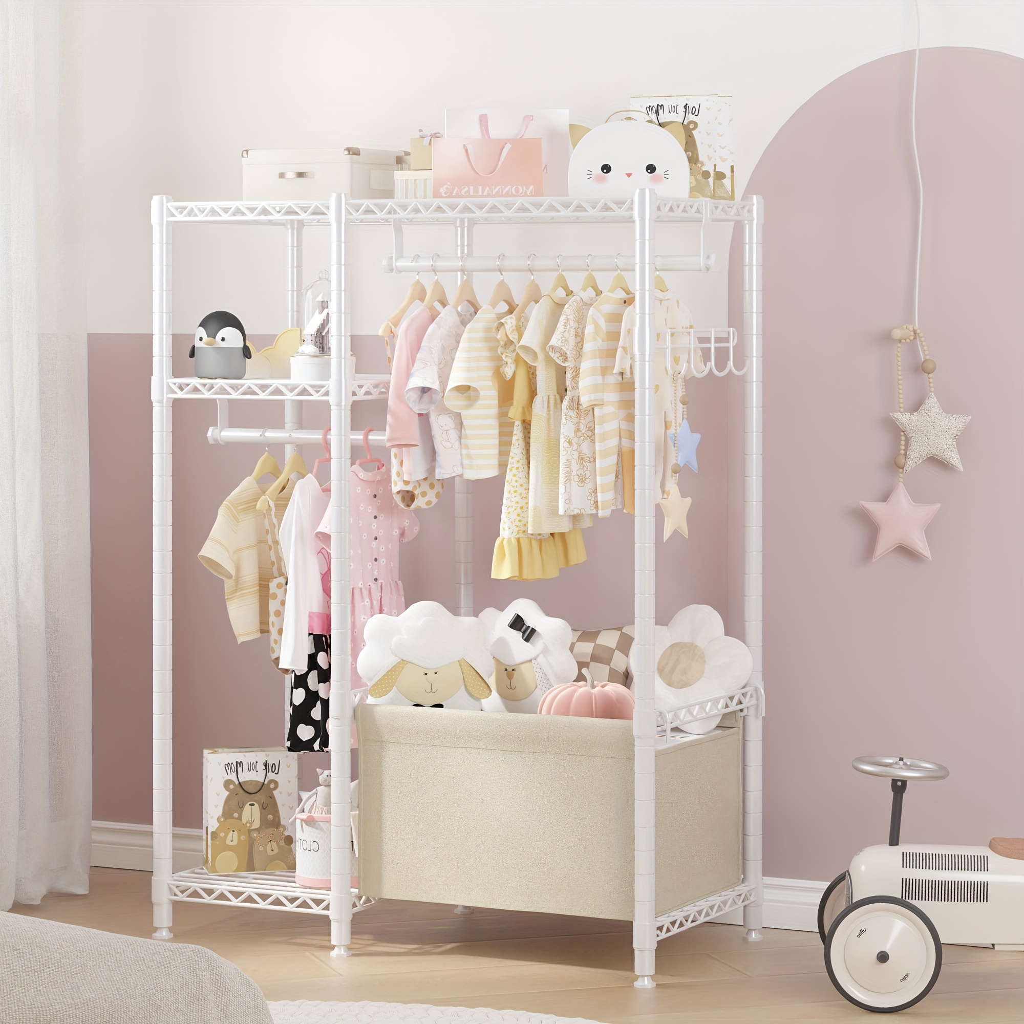 clothes rack small clothing rack with shelves for kids students children adjustable girls garment rack boys wardrobe closet rack for bedroom playroom 55 2 h 37 9 w 13 5 d white details 1