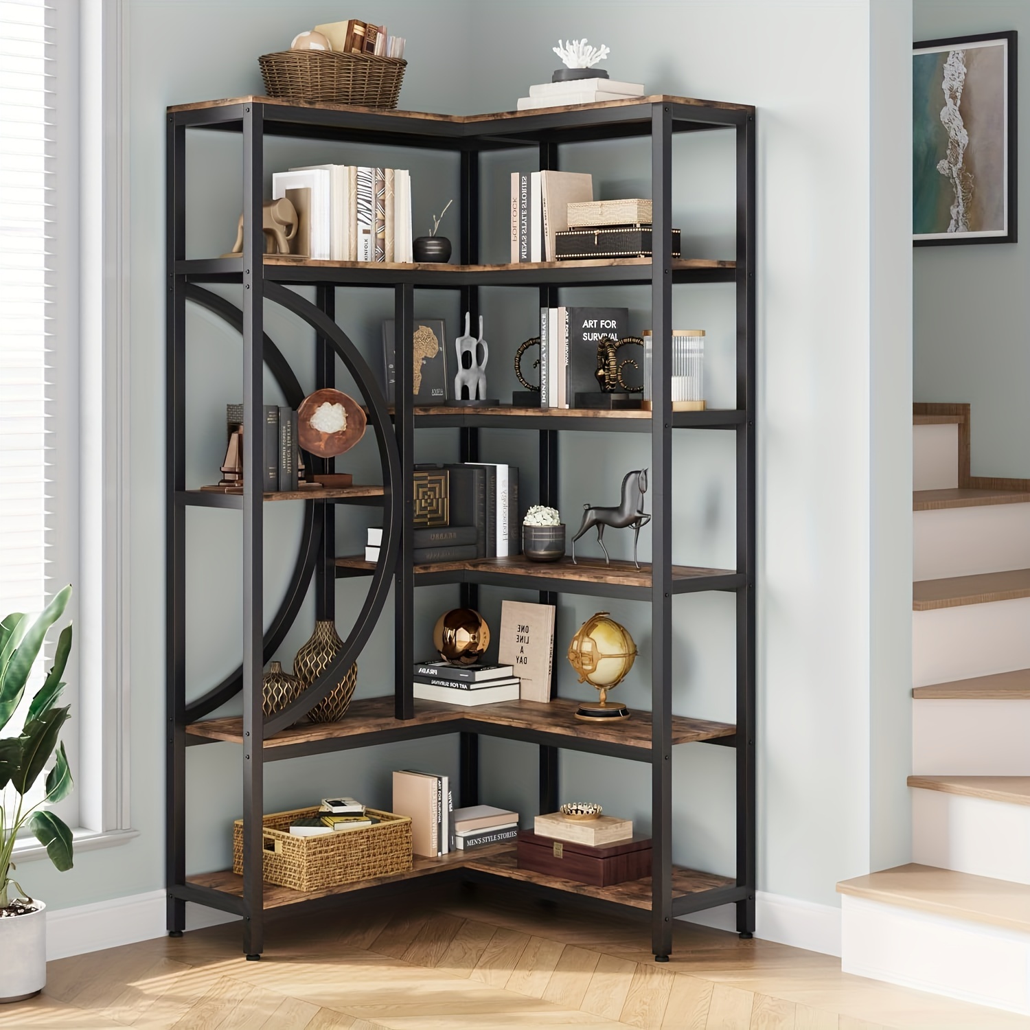 1pc wooden bookshelf industrial corner bookcase l shaped corner bookcase 6 tiers storage rack for living room bedroom office modern bookcase small space bookshelf multifunctional bookshelf brown details 0