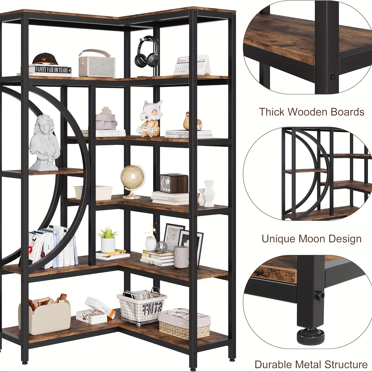 1pc wooden bookshelf industrial corner bookcase l shaped corner bookcase 6 tiers storage rack for living room bedroom office modern bookcase small space bookshelf multifunctional bookshelf brown details 2