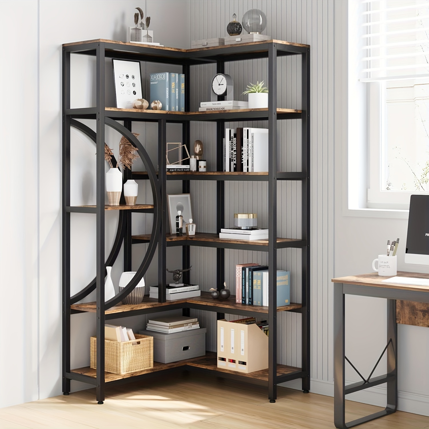 1pc wooden bookshelf industrial corner bookcase l shaped corner bookcase 6 tiers storage rack for living room bedroom office modern bookcase small space bookshelf multifunctional bookshelf brown details 4