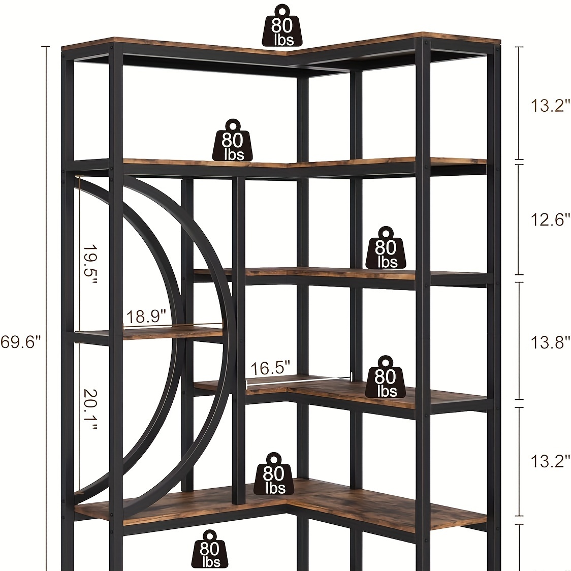 1pc wooden bookshelf industrial corner bookcase l shaped corner bookcase 6 tiers storage rack for living room bedroom office modern bookcase small space bookshelf multifunctional bookshelf brown details 6