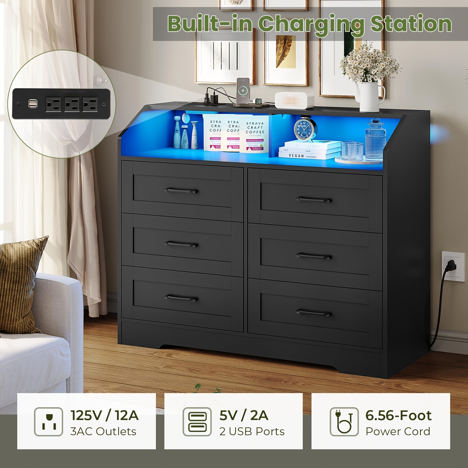 black 6 drawers dresser with led lights and charging station for bedroom living room chest of 6 drawers with open space large capacity storage cabinet details 6