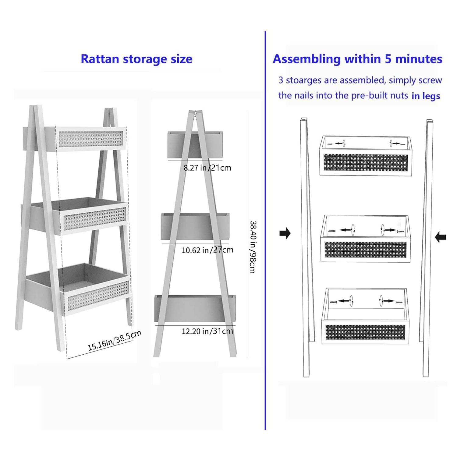 ladder bookshelf 3 tier rattan bookshelf free standing bookcase blanket ladder wood organizer storage shelves for living room bedroom kitchen bathroom balcony and home office details 2