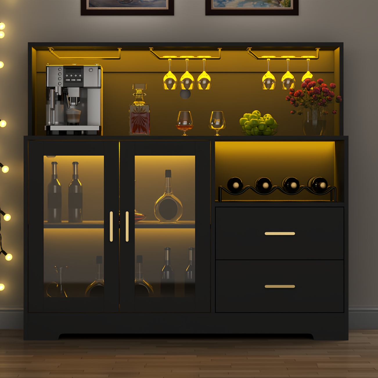 wine bar cabinet with wine rack and glass holders home coffee cabinet with 2 large storage drawers kitchen buffet sideboard with storage cabinet modern liquor cabinet for living room dining room details 1