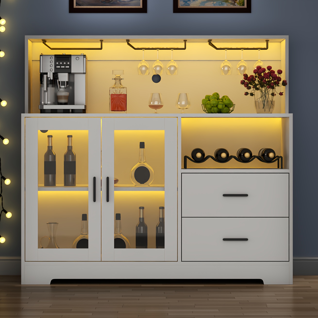 wine bar cabinet with wine rack and glass holders home coffee cabinet with 2 large storage drawers kitchen buffet sideboard with storage cabinet modern liquor cabinet for living room dining room details 2