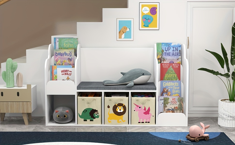 reading nook with bench gift for men bookshelf with reading nook toy storage organizer for playroom bedroom and living room white details 1