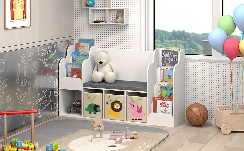 reading nook with bench gift for men bookshelf with reading nook toy storage organizer for playroom bedroom and living room white details 3