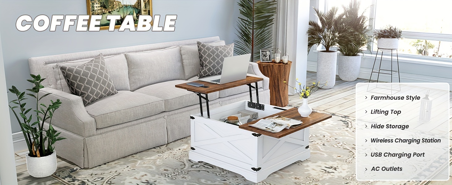 farmhouse   coffee table lift top coffee table with wireless charging station coffee table with large hidden storage shelf for living room 31 5 inch 80cm d x 31 5 inch 80cm w x 18 inch 45 7cm h details 0